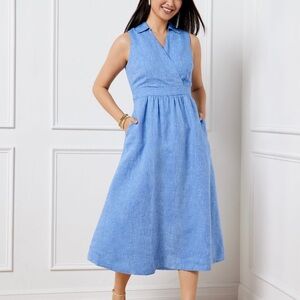 Talbots Faux Wrap Linen Chambray Shirt Dress Size 8 Sleeveless Midi Blue
